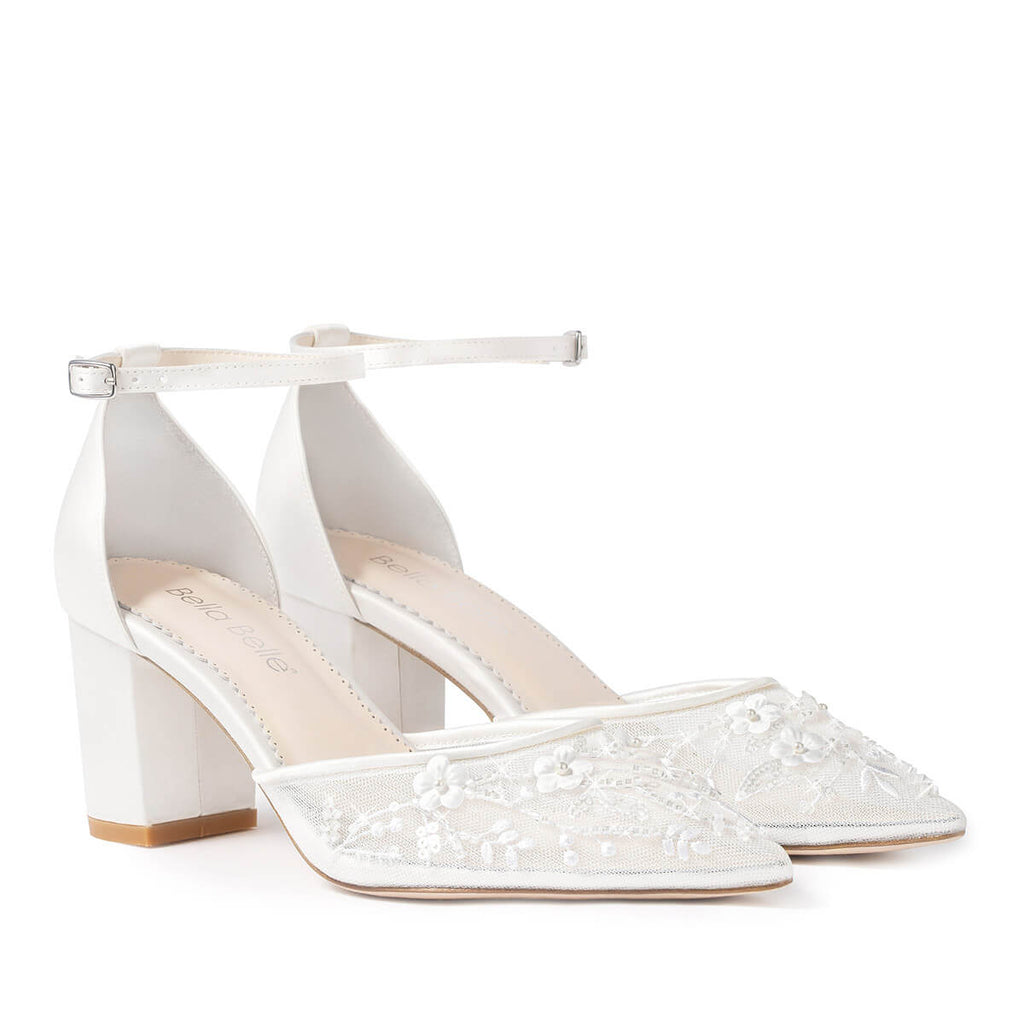 Thea Wedding Floral Illusion Mesh Closed Toe Block Heels