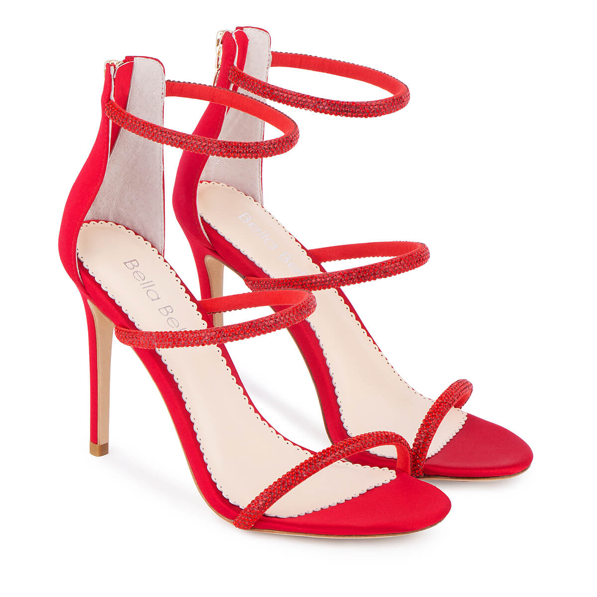 Crystal Embellished Zip-Up Red Strappy Heels | Bella Belle