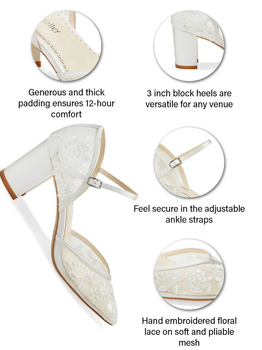 Ivory Floral Illusion Mesh Lace Block Heels with Ankle Straps