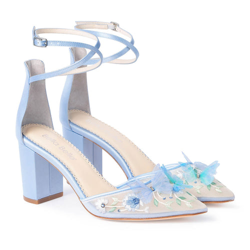 Eliza blue butterfly block heel