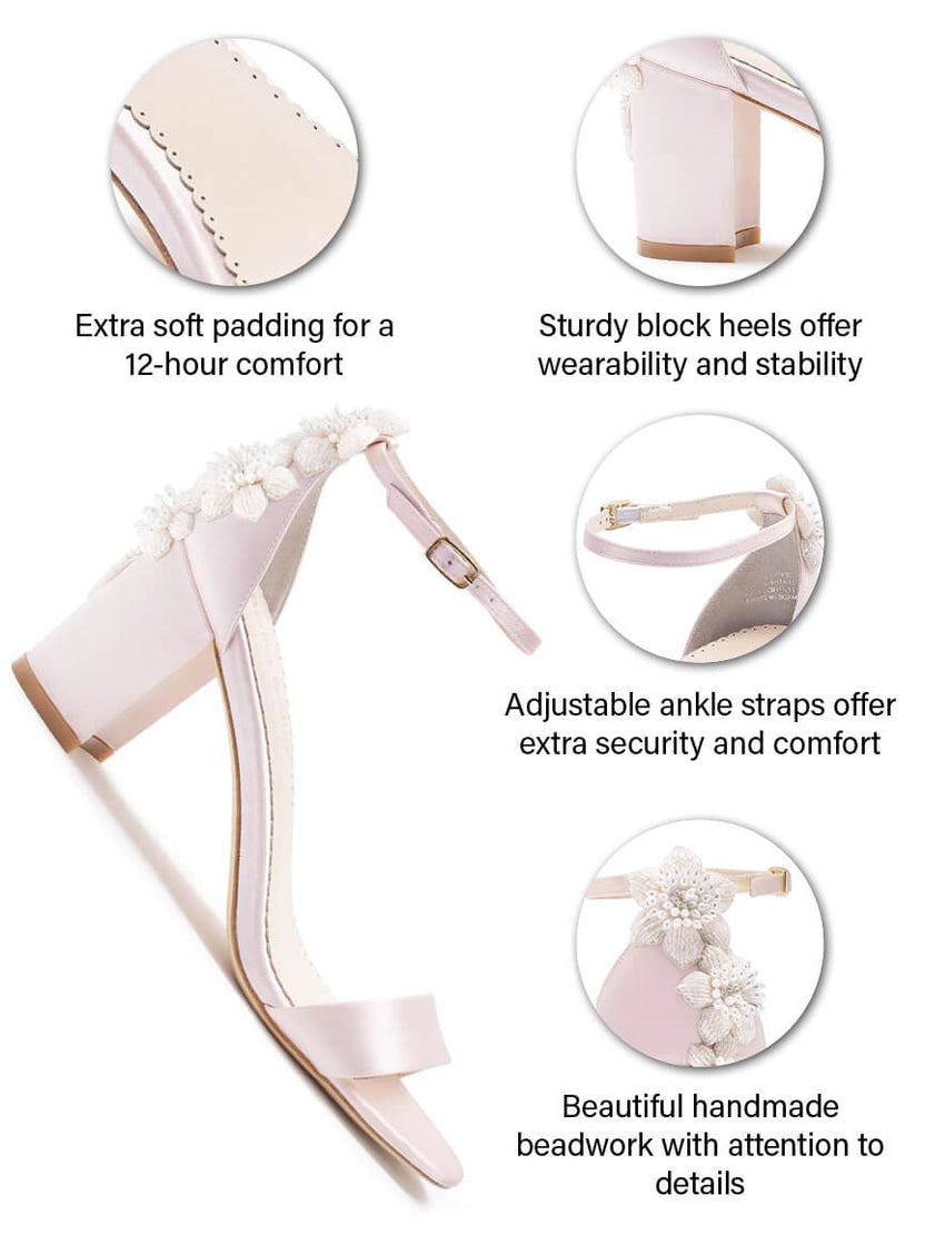 Block Heel Blush Sandals for Weddings with 3D Floral Back