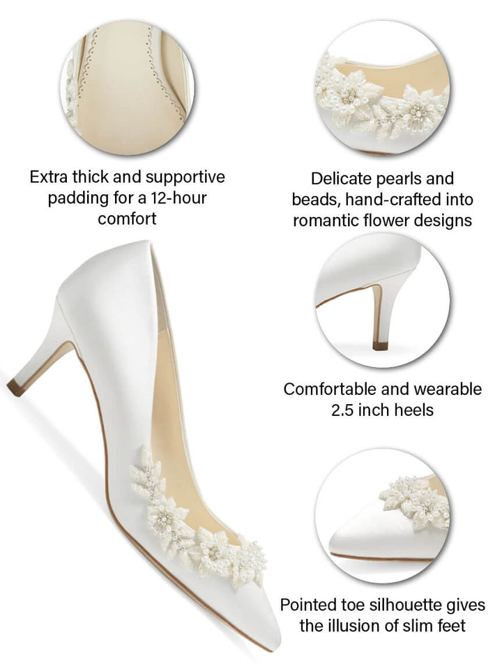 3D Embellished Pearl Flower Ivory Kitten Heels | Bella Belle