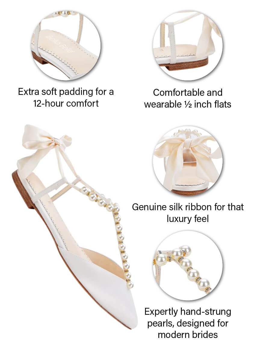 T-Strap Crystal and Pearl Flats for Wedding with Ankle Bow