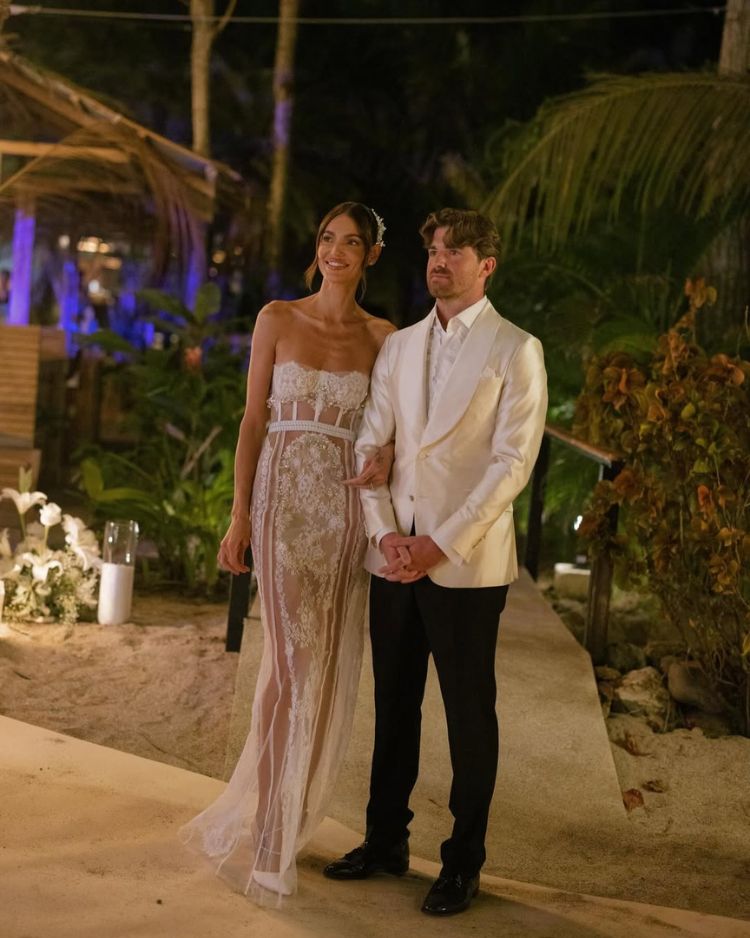 Model Marianne Fonseca wears Sidney crystal strappy heel for her destination wedding