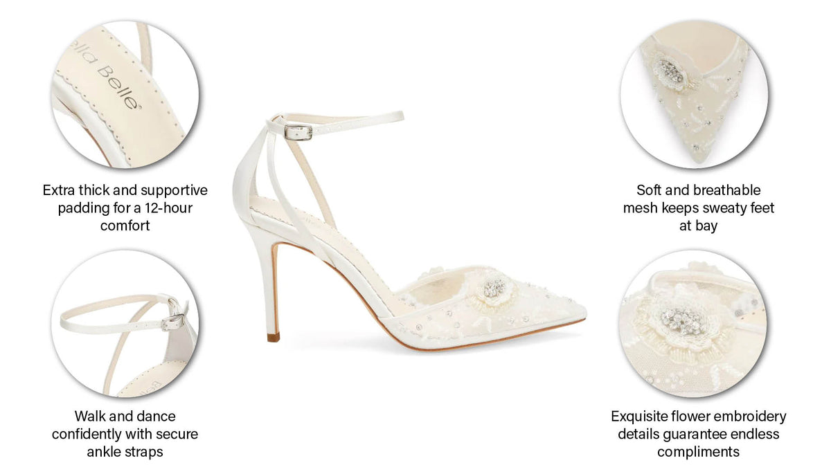 Ankle Strap Ivory Wedding Shoes with Flower Detailing