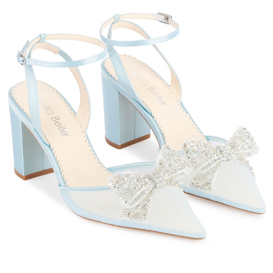 bella belle athena crystal bow blue block heel wedding shoes