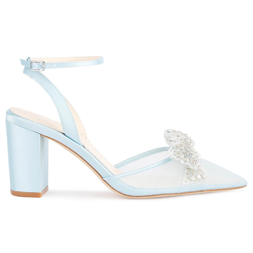 Crystal Bow Blue Block Heel Wedding Shoes | Bella Belle