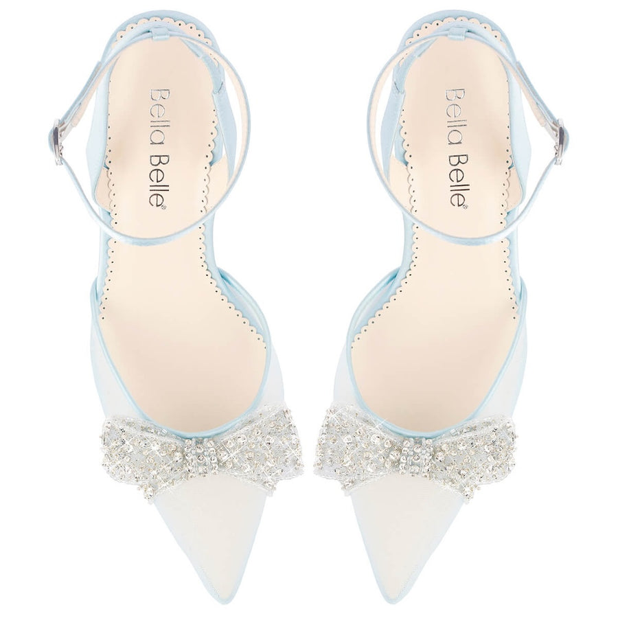 bella belle athena crystal bow blue block heel wedding shoes