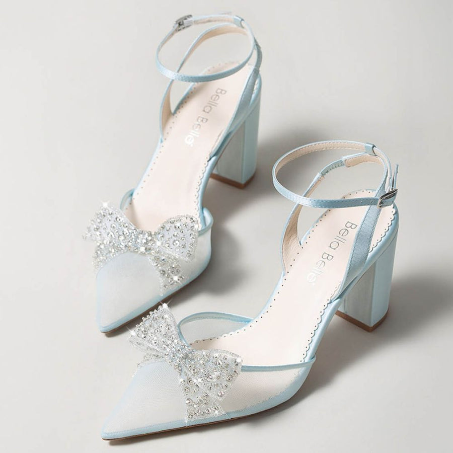 bella belle athena crystal bow blue block heel wedding shoes