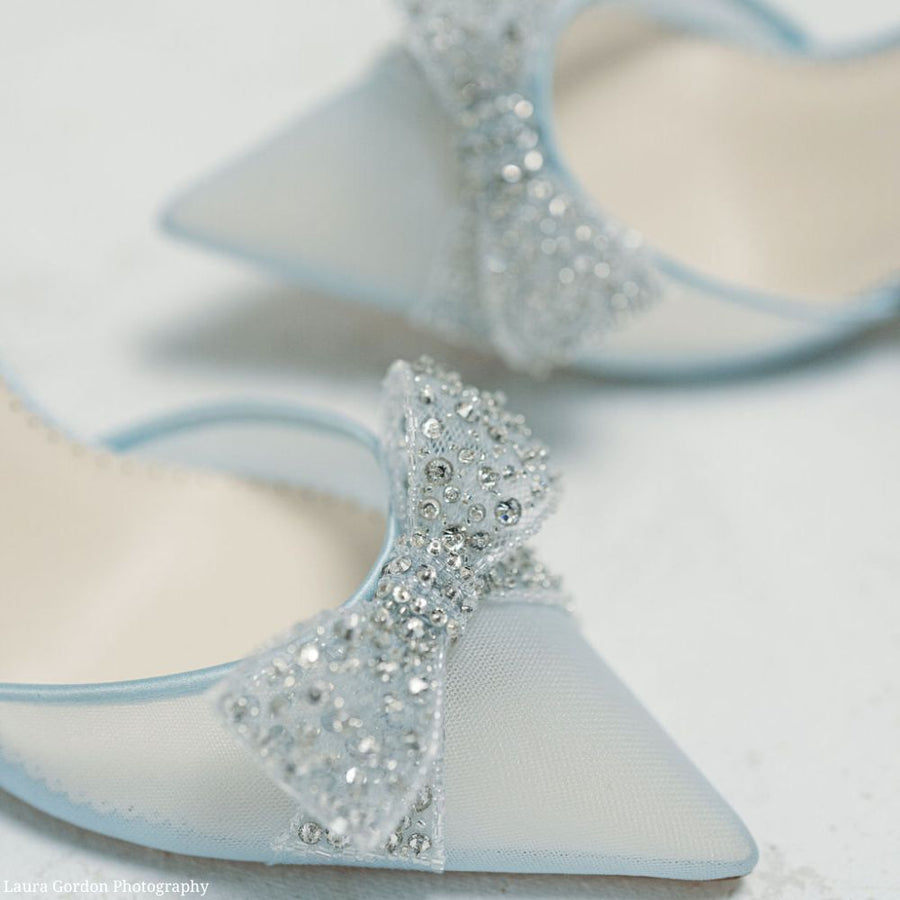 bella belle athena crystal bow blue block heel wedding shoes