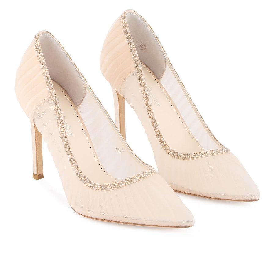 bella belle emmaline pleated tulle blush sheer pumps with crystal rose gold trim