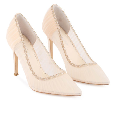 Bella Belle Women's Blush Wedding / Bridal Shoes - Pleated Tulle Sheer Pumps with Crystal Rose Trim - Size 9.5 Bella Belle Women's Blush Wedding / Bridal Shoes - Pleated Tulle Sheer Pumps with Crystal Rose Trim - Size 9.5