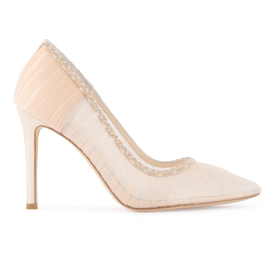 bella belle emmaline pleated tulle blush sheer pumps with crystal rose gold trim
