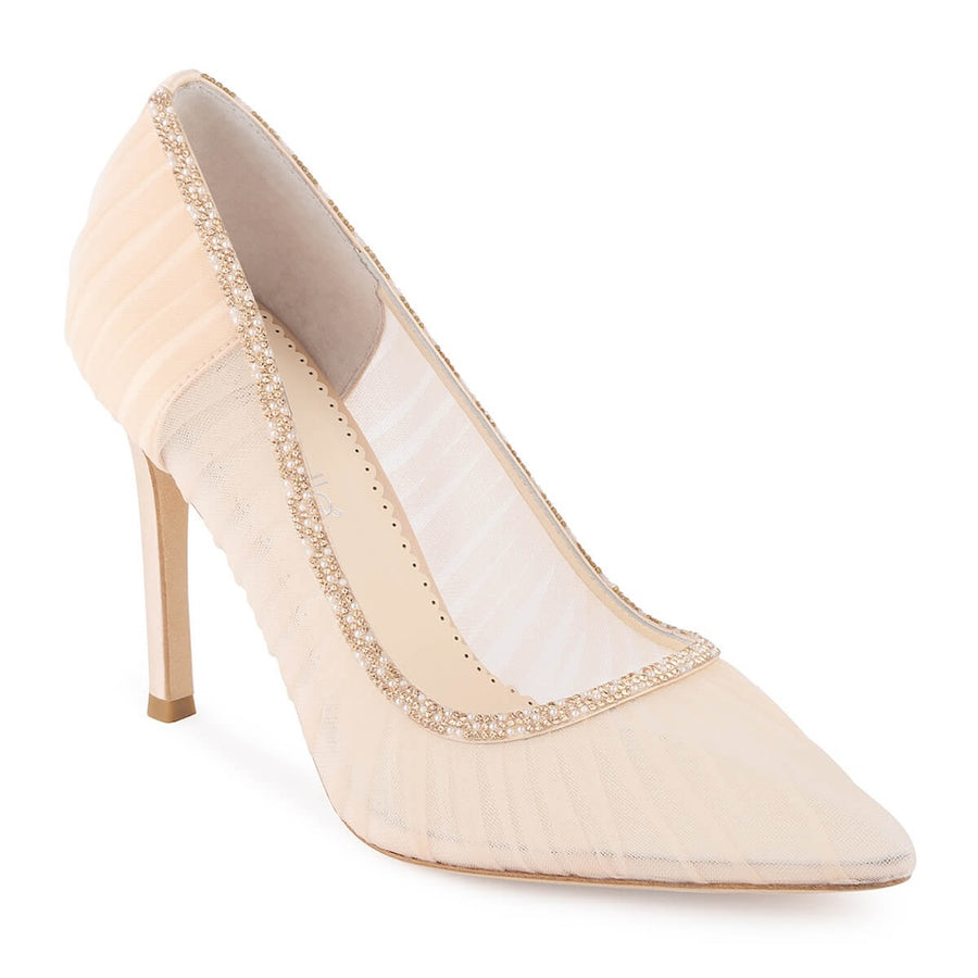 bella belle emmaline pleated tulle blush sheer pumps with crystal rose gold trim