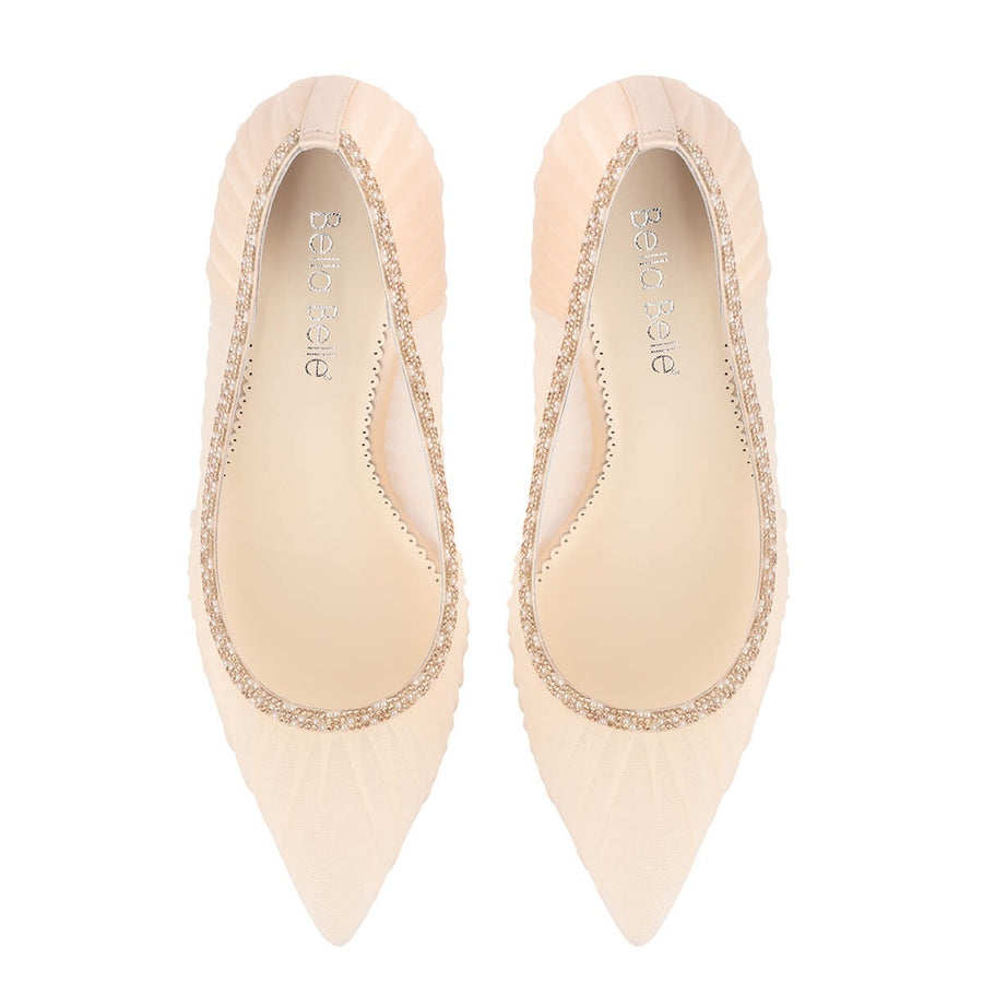 bella belle emmaline pleated tulle blush sheer pumps with crystal rose gold trim