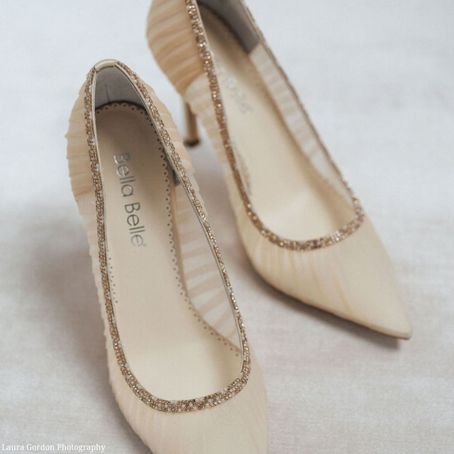 bella belle emmaline pleated tulle blush sheer pumps with crystal rose gold trim