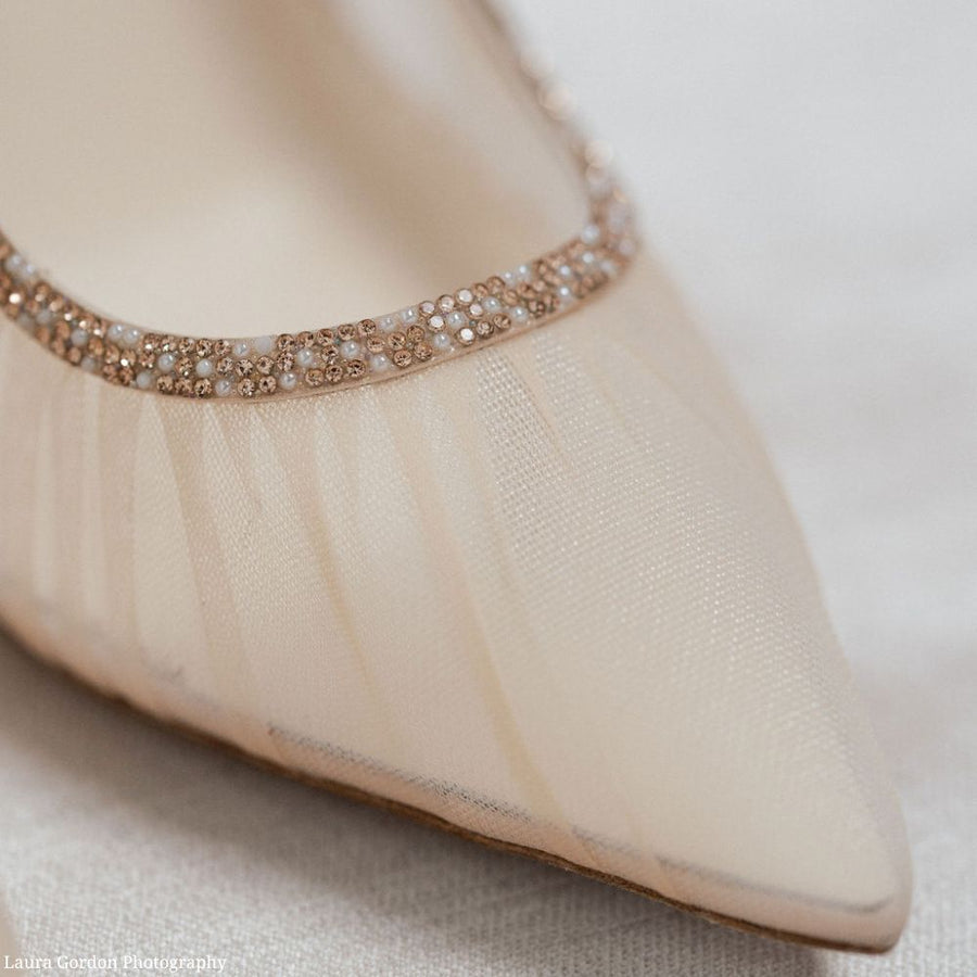 bella belle emmaline pleated tulle blush sheer pumps with crystal rose gold trim