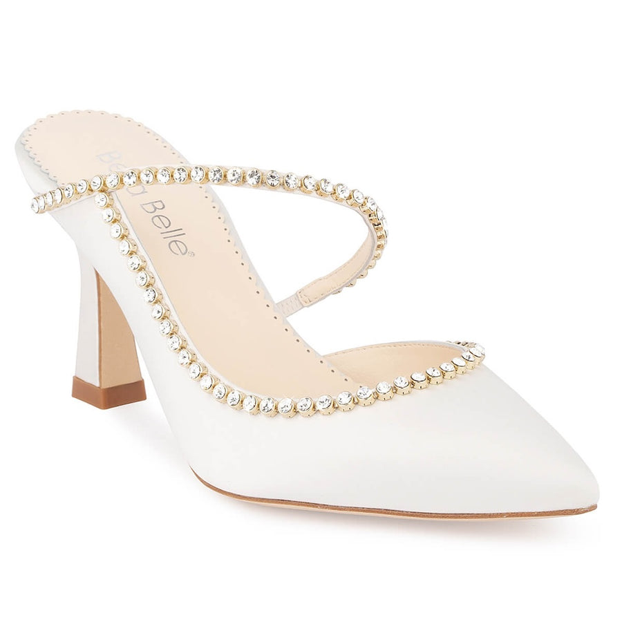 bella belle hadley 3-inch ivory crystal strap asymmetrical cone heels