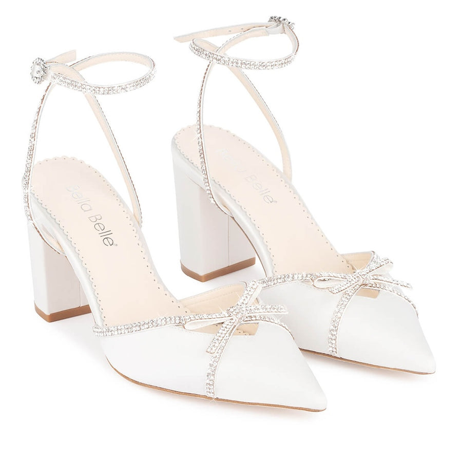 bella belle karissa ivory strappy block heels with crystal bows and ankle straps