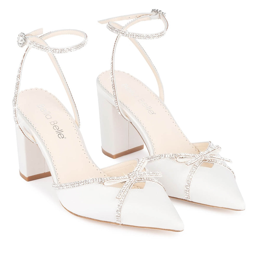 Karissa Wedding Bridal Block Heels Crystal Bows Trim Straps
