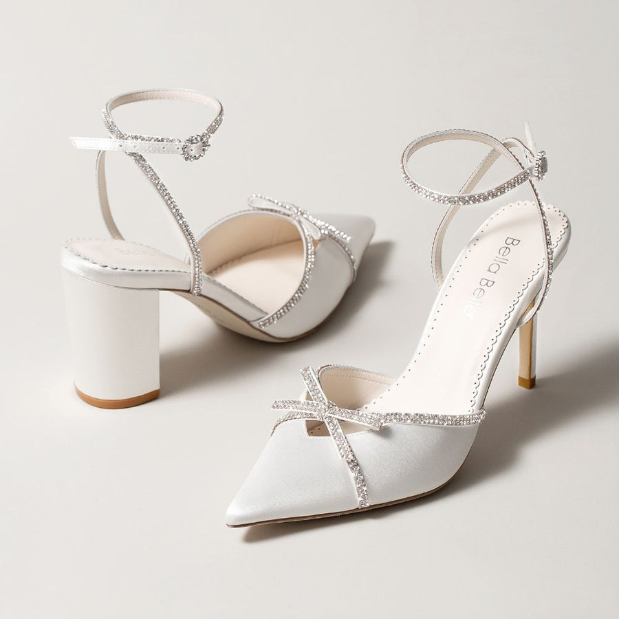 bella belle karissa ivory strappy block heels with crystal bows and ankle straps