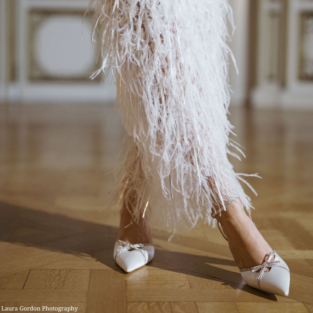Ivory Strappy Block Heels with Crystal Bows and Ankle Straps