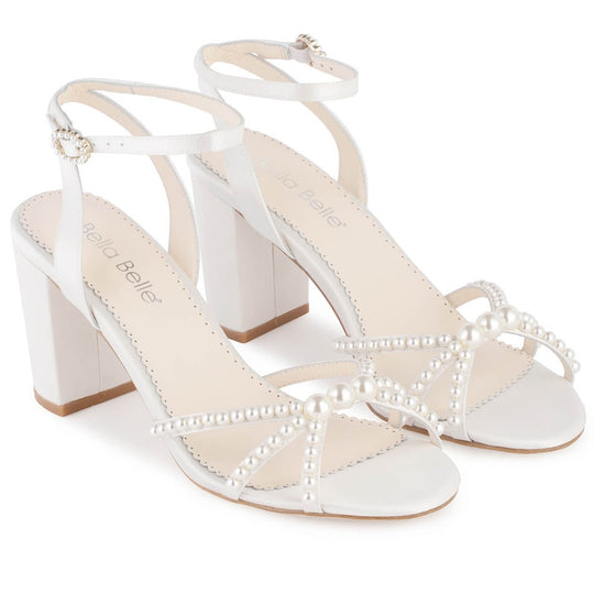 Open-Toe Strappy Pearl Block Heels with Ankle Strap