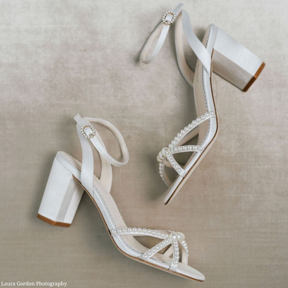 Open-Toe Strappy Pearl Block Heels with Ankle Strap