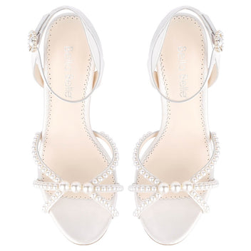 Ivory Open Toe Chunky Heel Shoes with Pearls