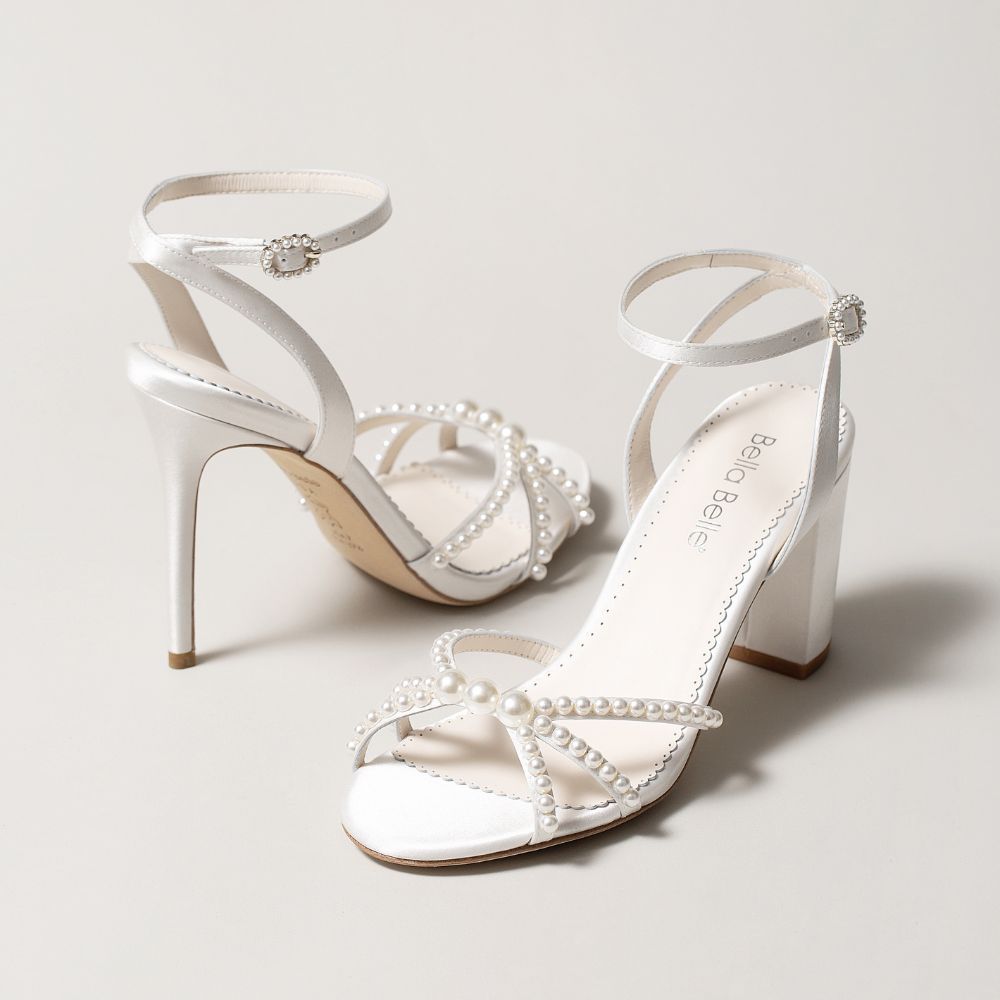 Open Toe Ivory Pearl Ankle Strap Heels | Bella Belle
