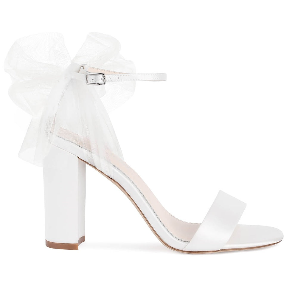 Open Toe Ankle Strap Tulle Bow Block Heels | Bella Belle