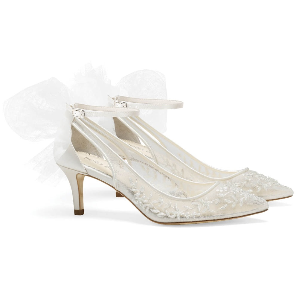 Bella Belle Shoes Esther Floral Beaded Lace Wedding Kitten Heel With Tulle Bow Esther Ivory