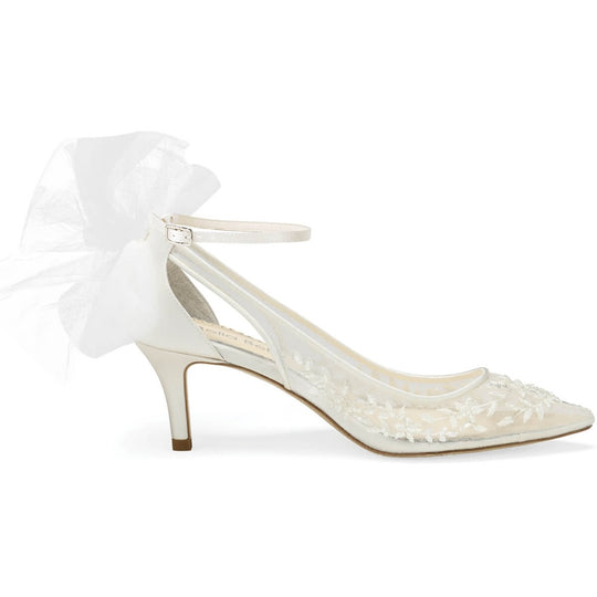 Bella Belle Shoes Esther Floral Beaded Lace Wedding Kitten Heel With Tulle Bow Esther Ivory