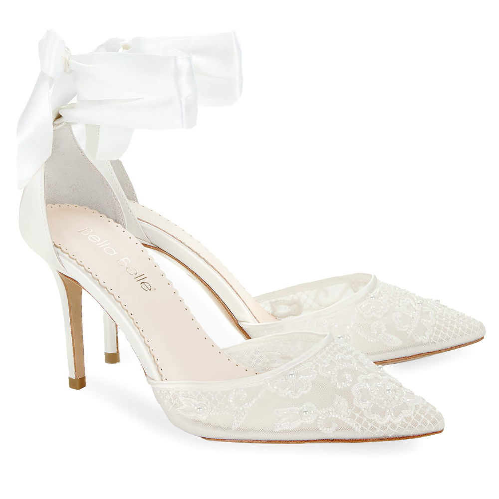 Bella Belle Women's Ivory Wedding / Bridal Shoes - Heels - Lace - Pearls - Size 7