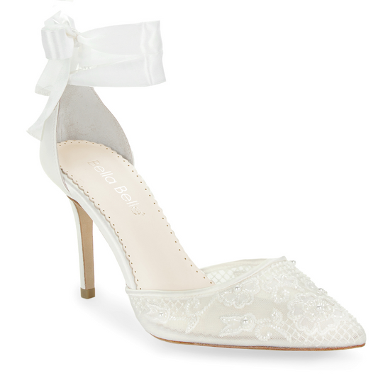 IDOBLO Women's Lace Pearl Wedding Heels – Pointed Toe Low Heel Bridal Shoes For Party, Prom, Formal Events