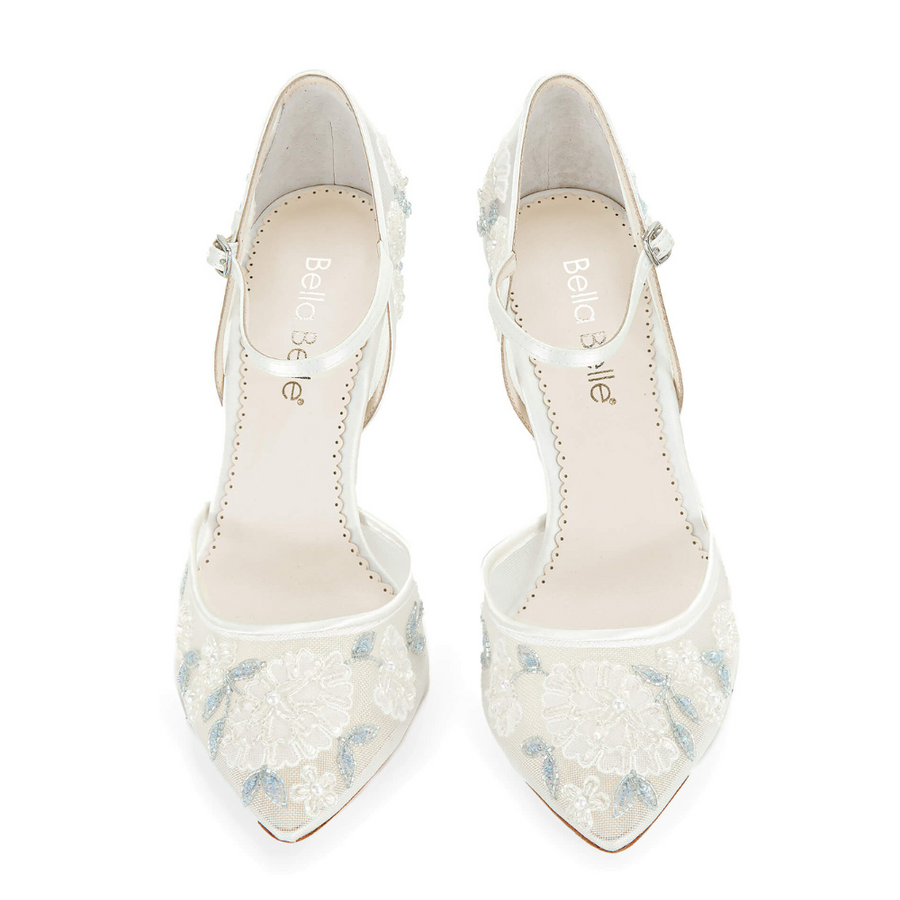 Bella Belle Shoes Viola Baby Blue Floral Lace Ivory Wedding Heel