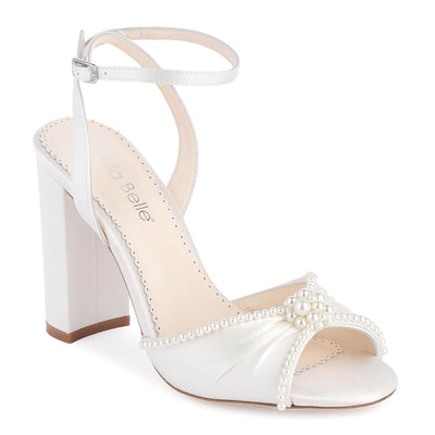 Open Toe Pearl Block Heel Wedding Shoes | Bella Belle