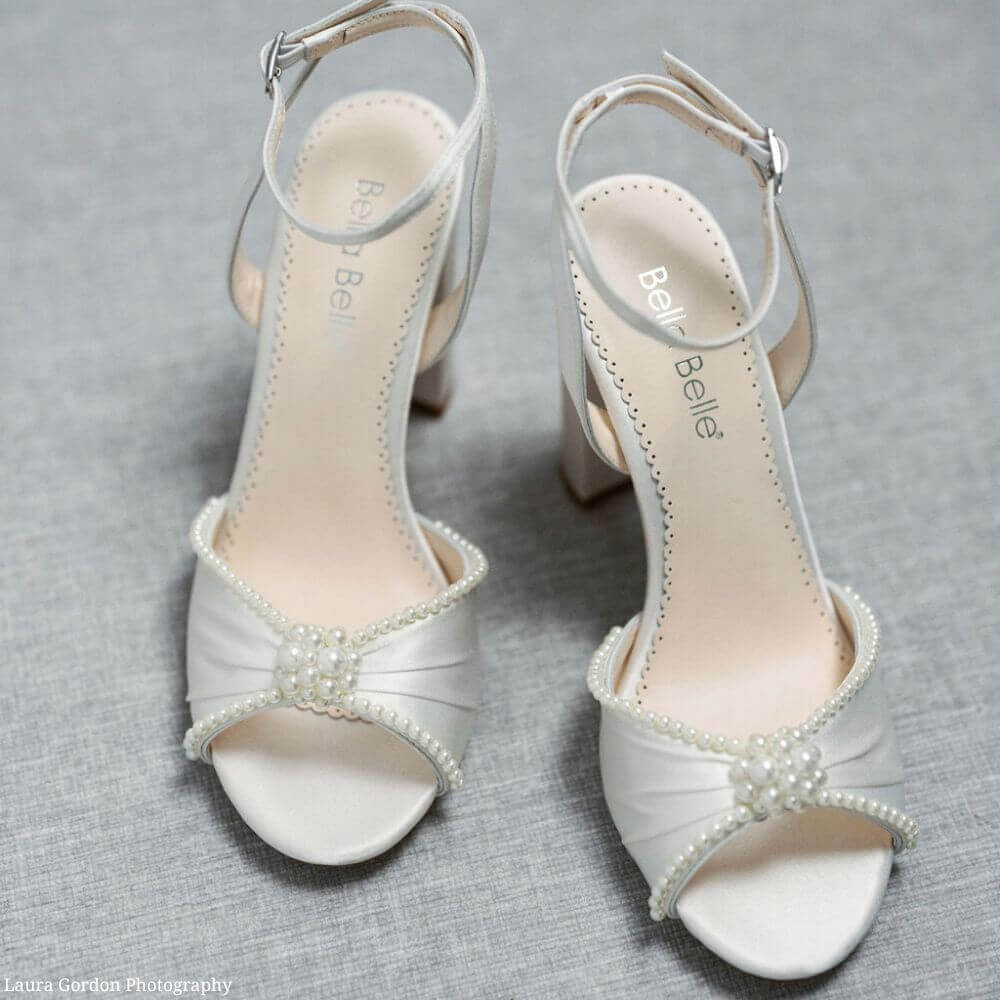 Open Toe Pearl Block Heel Wedding Shoes | Bella Belle