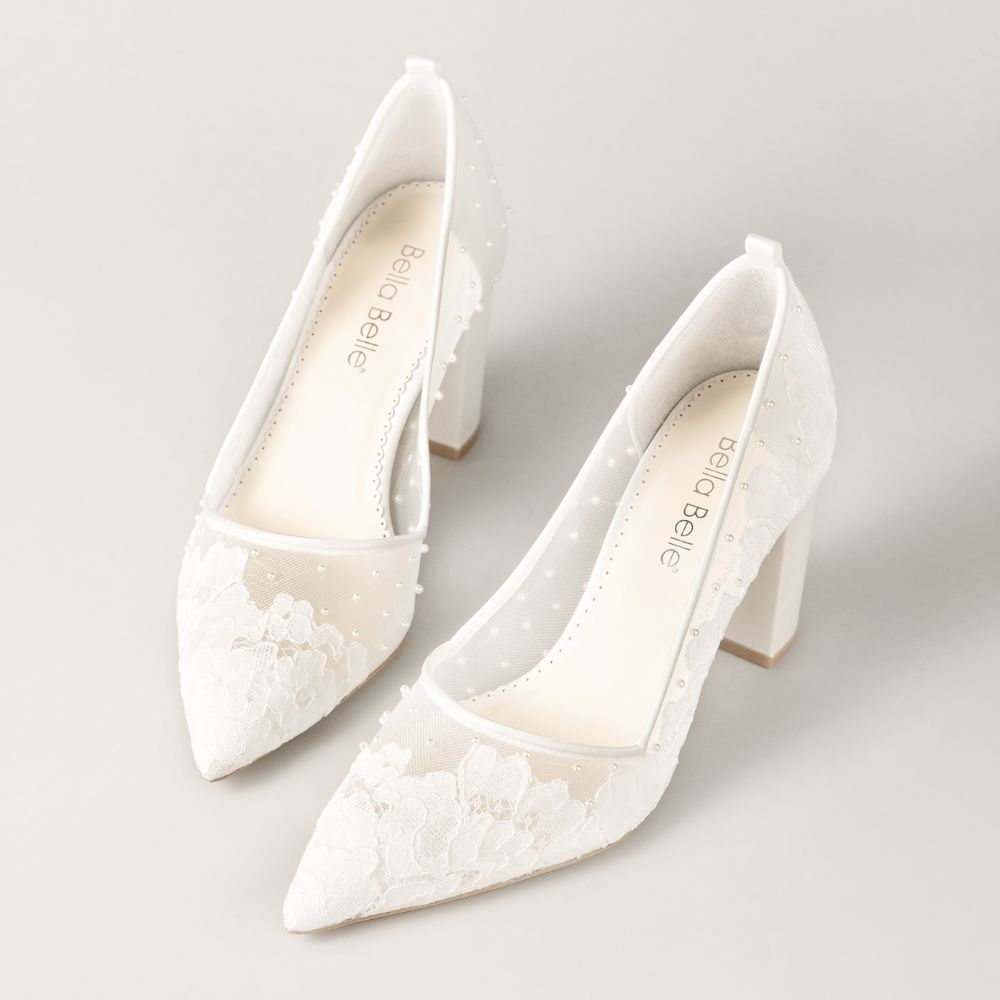 Margot Lace Pearl Bridal Block Heels | Bella Belle