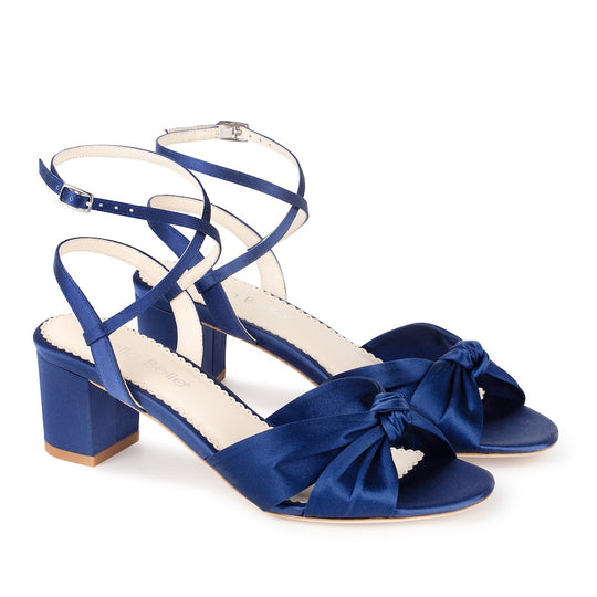 bella belle sally Blue Silk Knotted Bow Block Heel Sandals