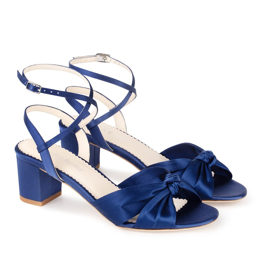 bella belle sally Blue Silk Knotted Bow Block Heel Sandals