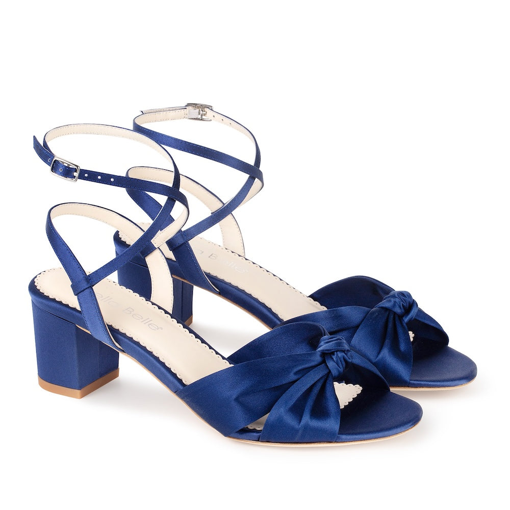 bella belle sally Blue Silk Knotted Bow Block Heel Sandals