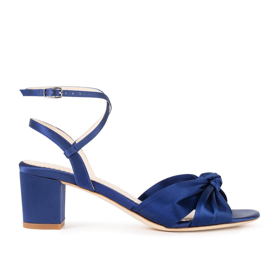 bella belle sally Blue Silk Knotted Bow Block Heel Sandals