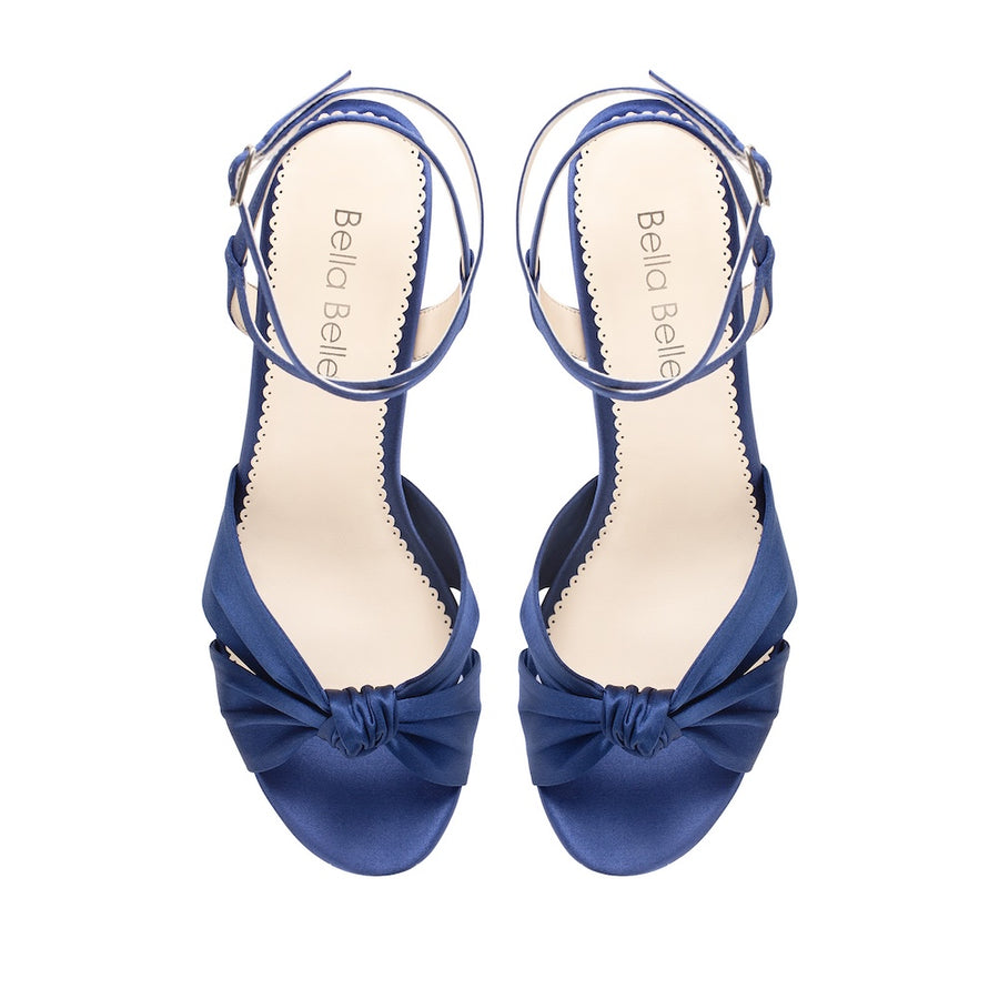 bella belle sally Blue Silk Knotted Bow Block Heel Sandals