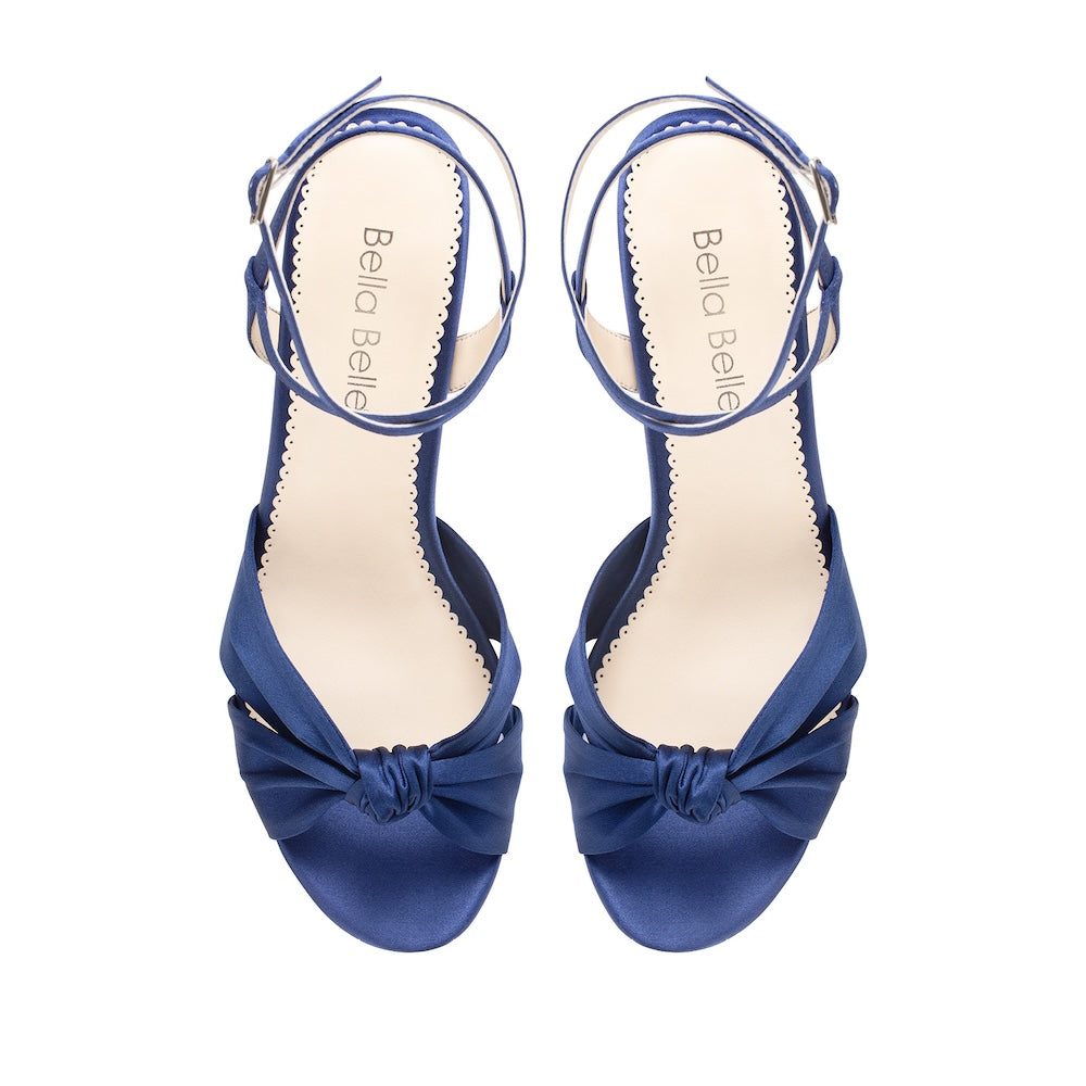 bella belle sally Blue Silk Knotted Bow Block Heel Sandals