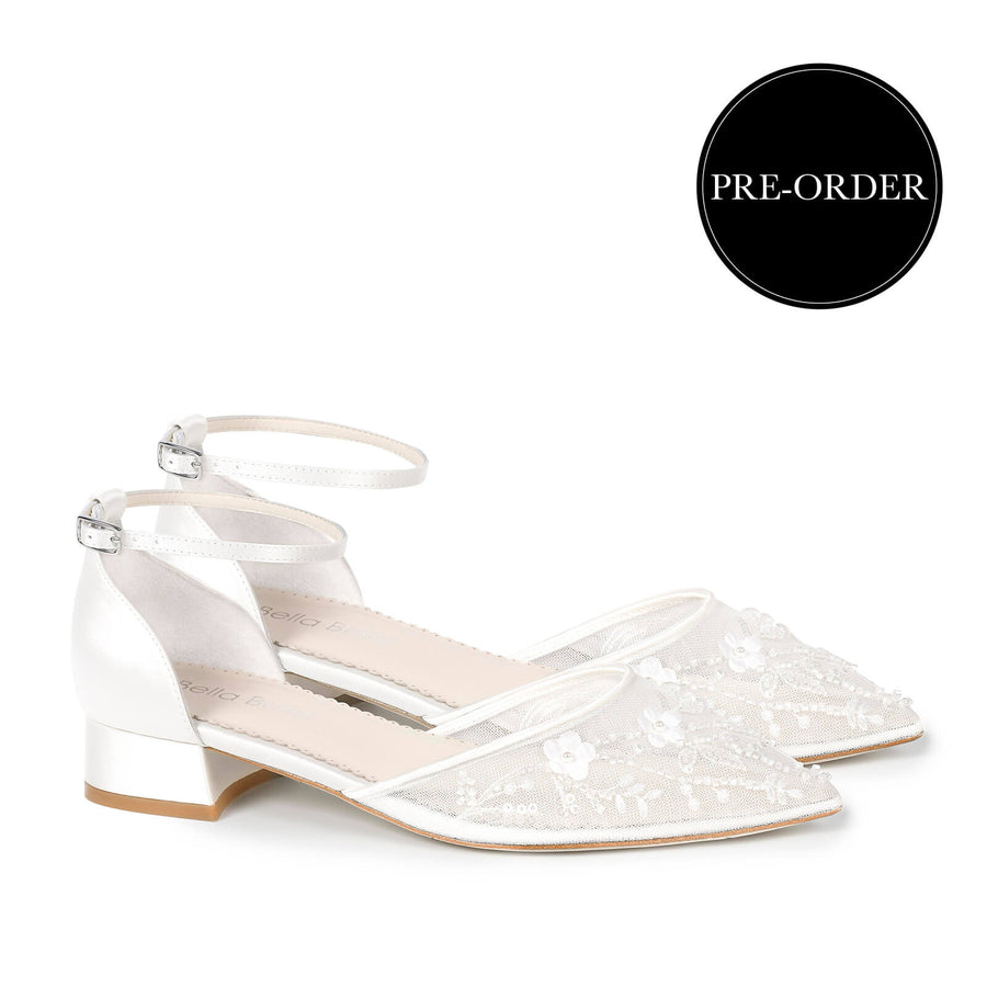 bella belle thalia Floral Embroidered Wedding Flats with Ankle Strap
