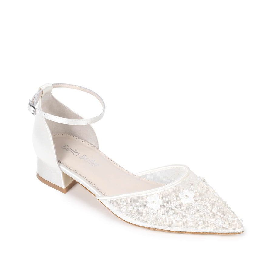 bella belle thalia Floral Embroidered Wedding Flats with Ankle Strap