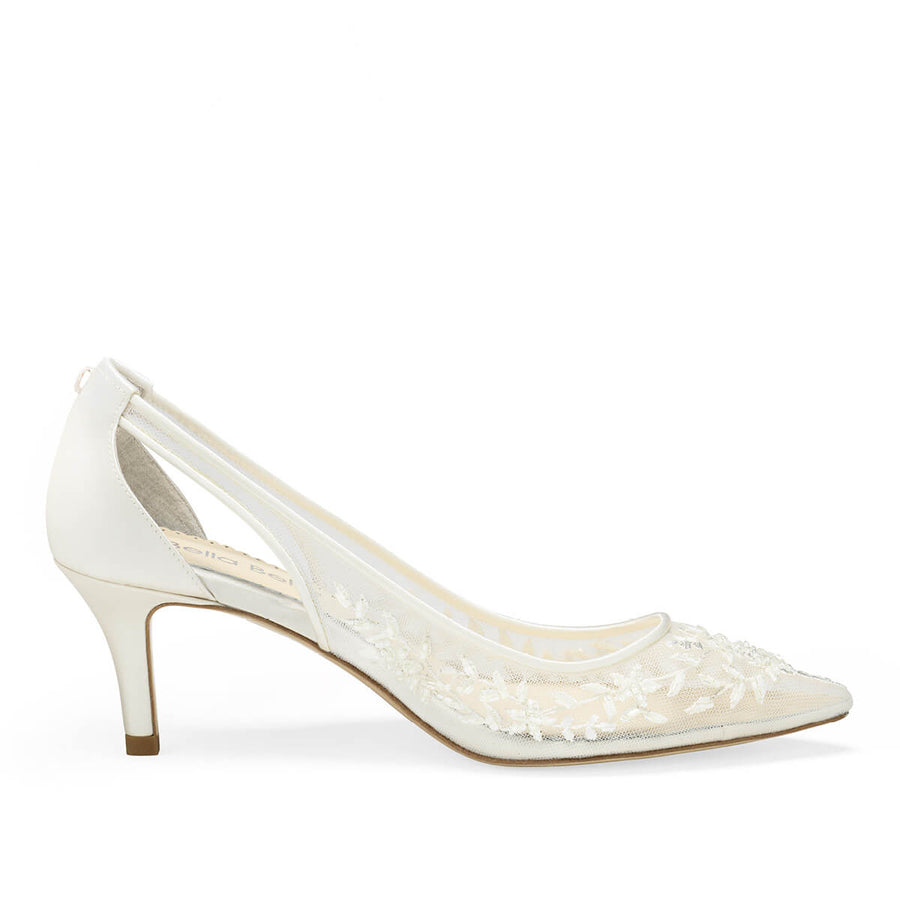 Bella Belle Shoes Esther Floral Beaded Lace Wedding Kitten Heel With Tulle Bow Esther Ivory