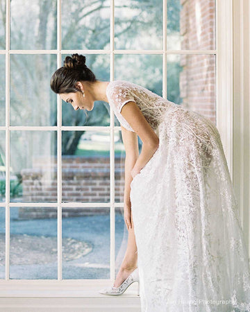 lace wedding dress bella belle high heels