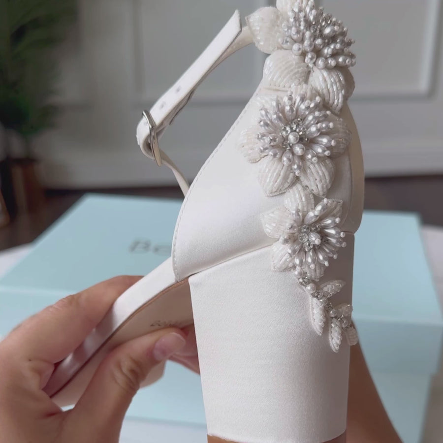 Bella Belle Fabiola 3D Floral Luminous Pearls and Ivory Beads Wedding Block Heel